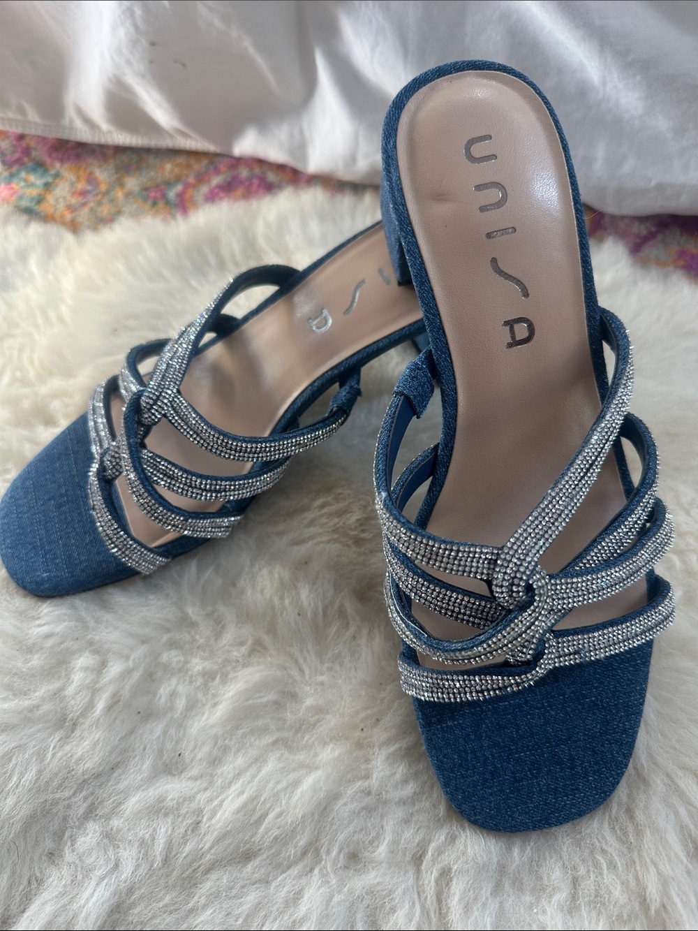Unisa Denim Rhinestone Sandals Womens 7 Blue Block Heel Open Toe New